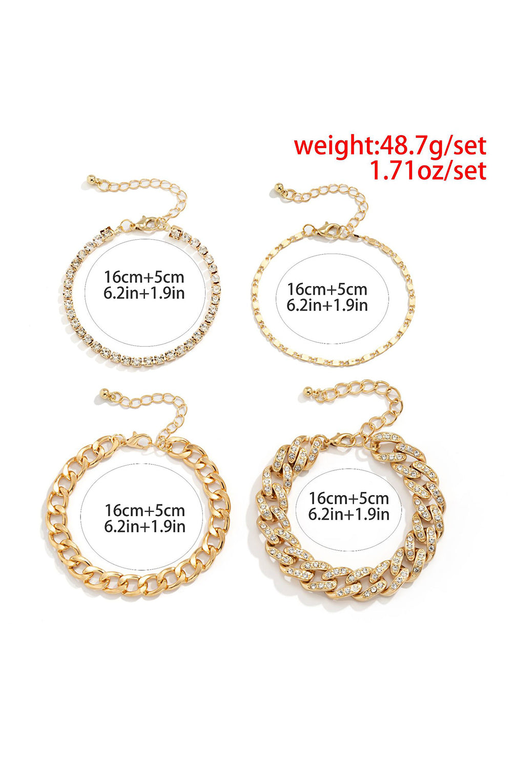 4pcs Rhinestone Decor Adjustable Chain Plated Bracelet Set