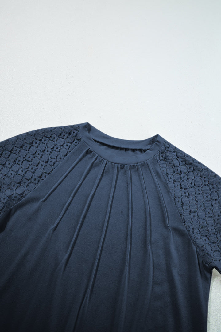 Navy Blue Seamed Detail Contrast Lace Raglan Sleeve Tee