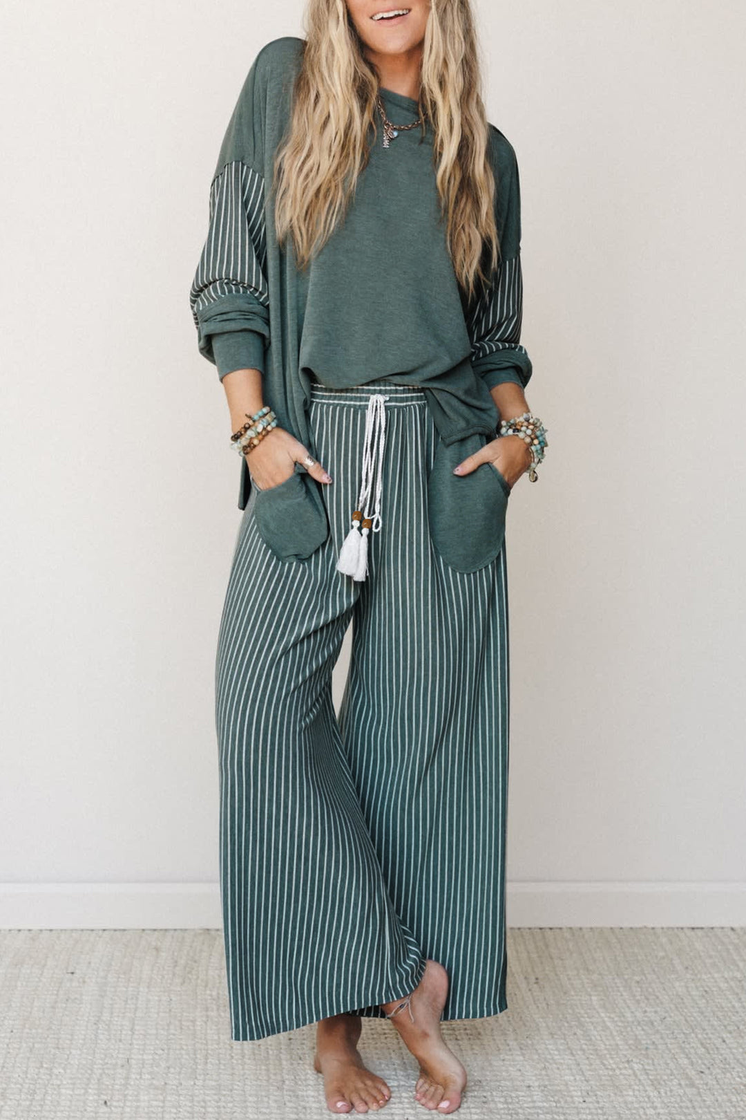 Green Bay Raw Seam Patchwork Long Sleeve Top Pocket Casual Pants 2pcs Set