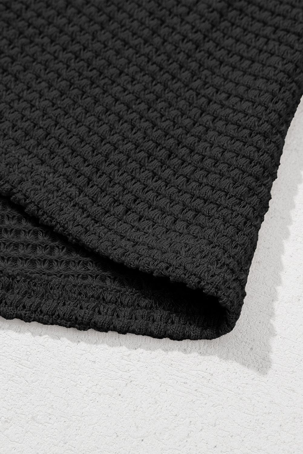 Black Button Notched Neck Waffle Knit Long Sleeve Top