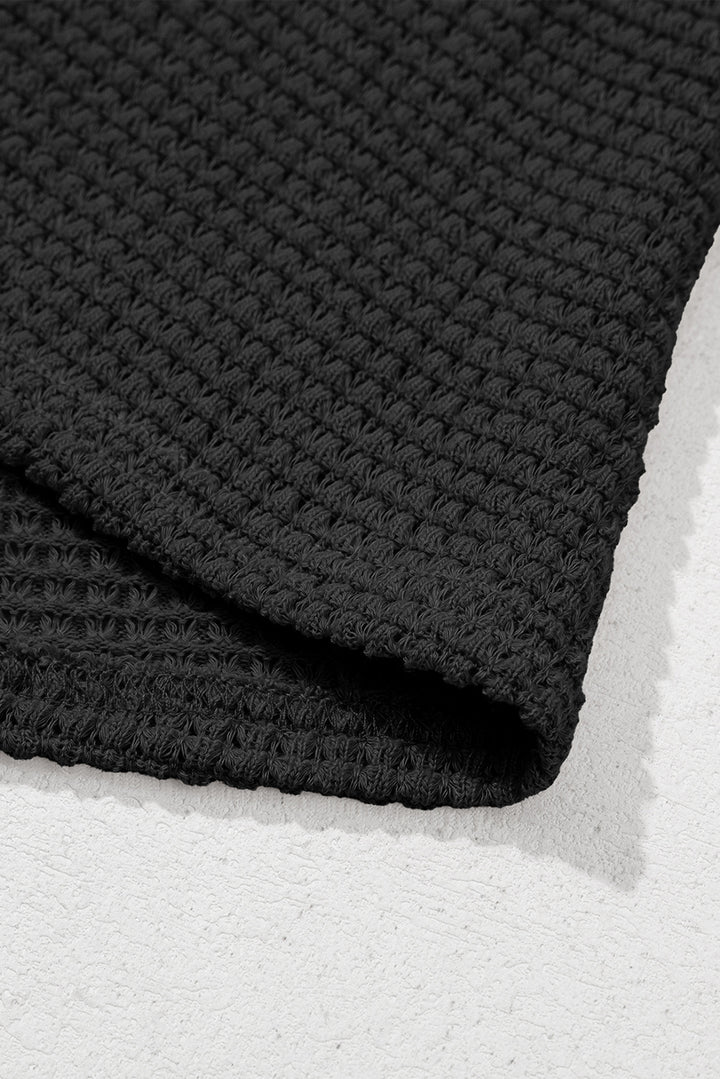 Black Button Notched Neck Waffle Knit Long Sleeve Top