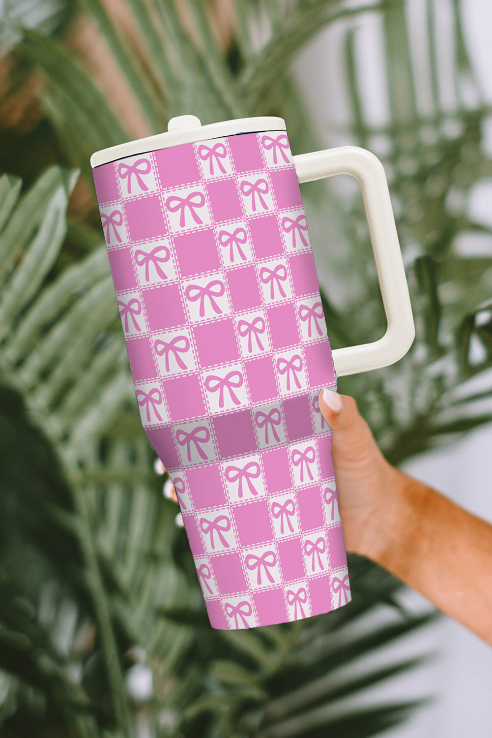 Bow Knot Checkered Print Handle Large Tumbler 40OZ