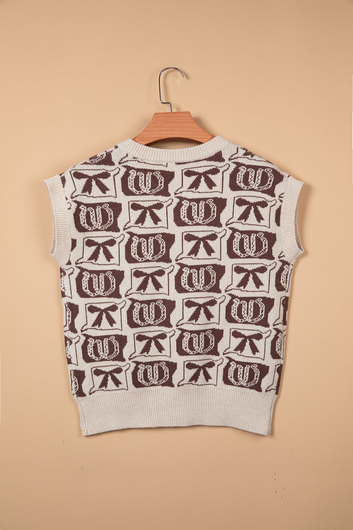 Brown Western Horseshoe Bow Pattern Sleeveless Knit Sweater