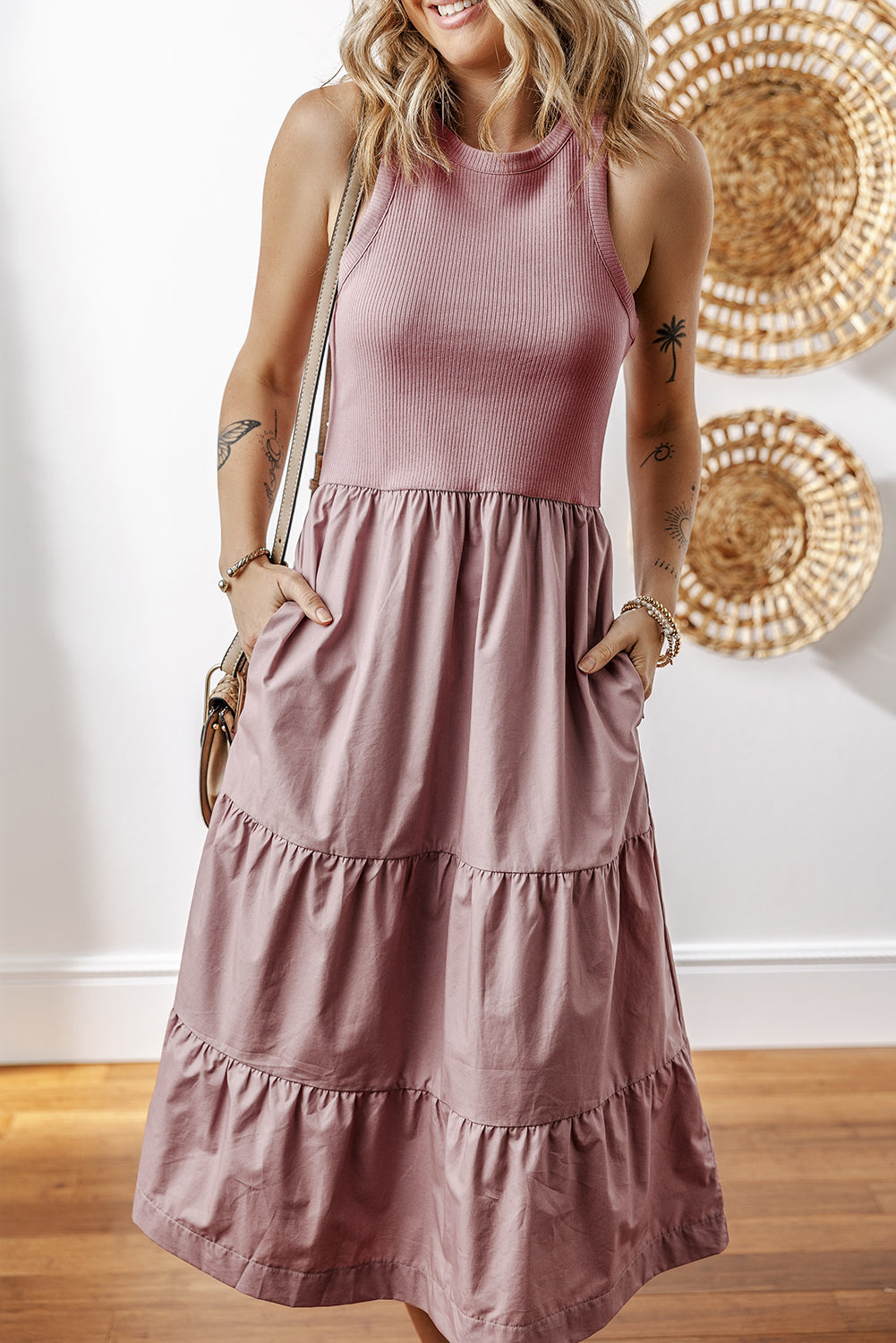 Ribbed Vest Patchwork Tiered Midi Dress with Pockets