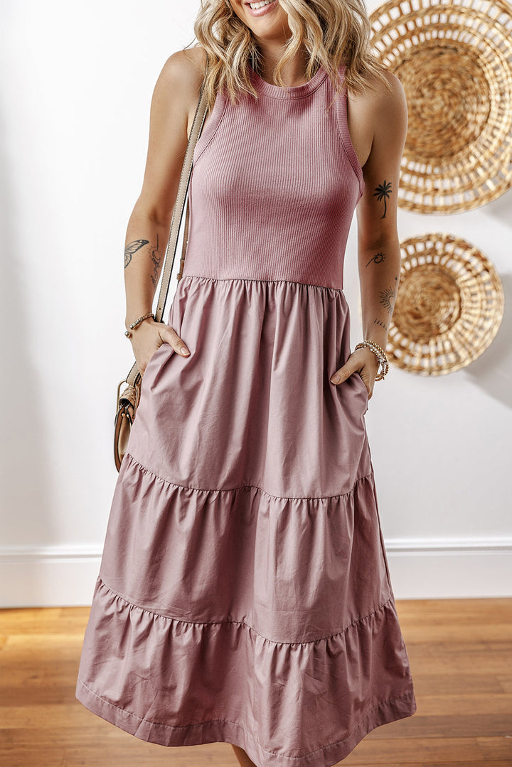 Ribbed Vest Patchwork Tiered Midi Dress with Pockets