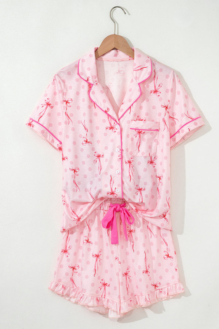bow print contrast pipping short pajamas set