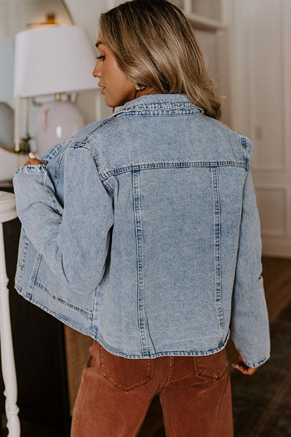 Scallop Trim Collar Patched Pocket Button Up Denim Jacket