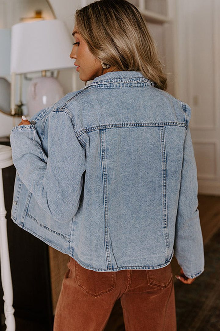 Scallop Trim Collar Patched Pocket Button Up Denim Jacket