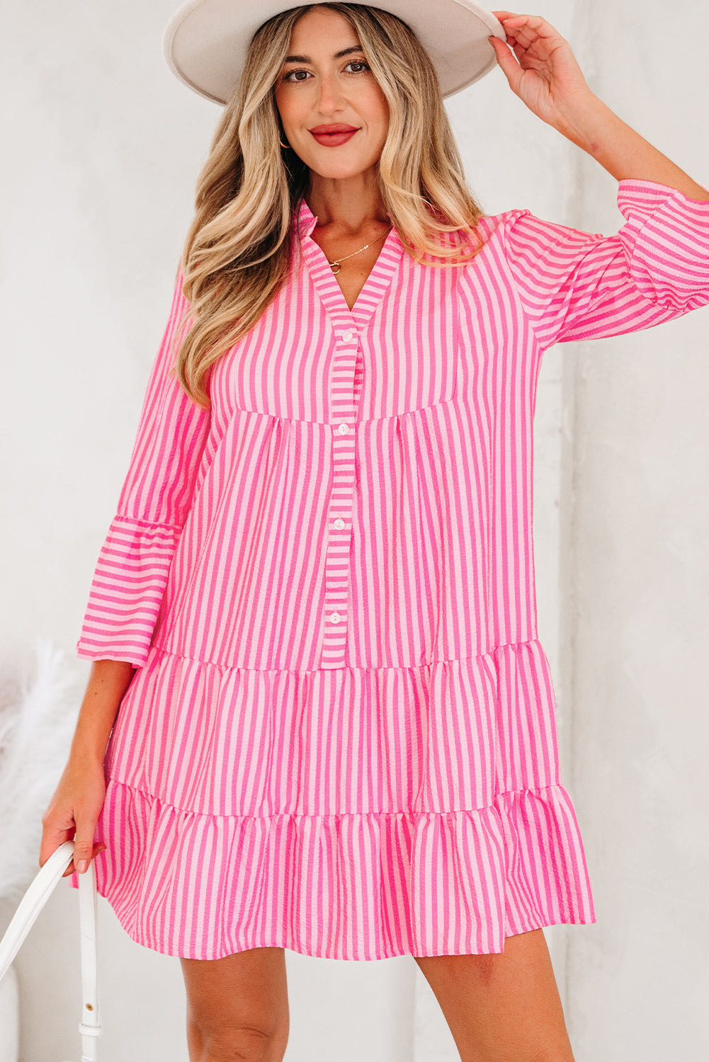 Flare Sleeve Half Placket Tiered Flowy Mini Dress