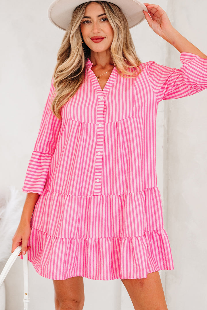 Flare Sleeve Half Placket Tiered Flowy Mini Dress