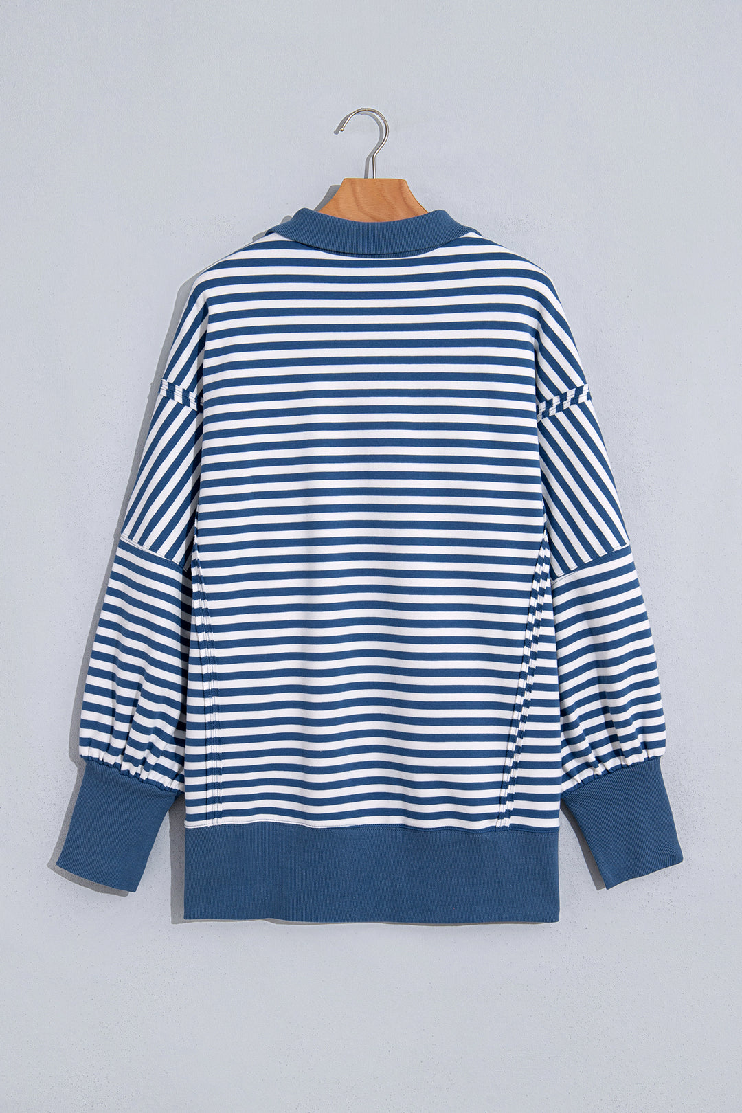Blue Stripe Color Block Trim Raw Seam Split Hem Loose Pullover Sweatshirt