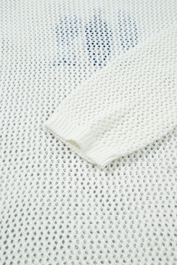 White Open Knit Fish Embroidered Casual Sweater