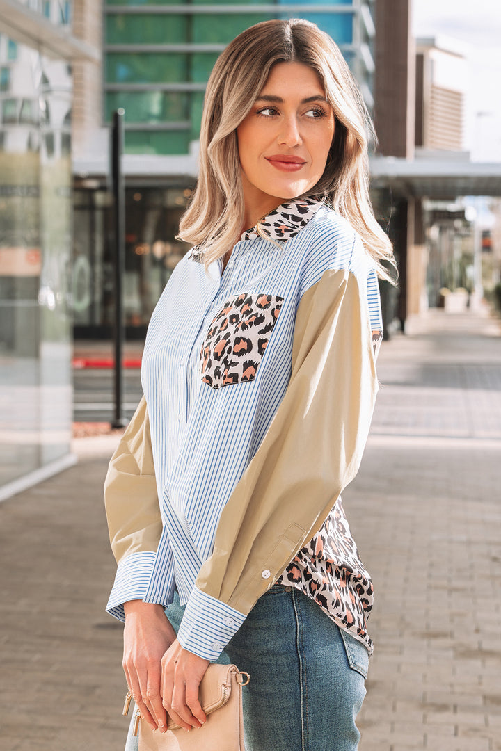 Colorblock Leopard Patchwork Chest Pocket Cuffed Sleeve Shirt