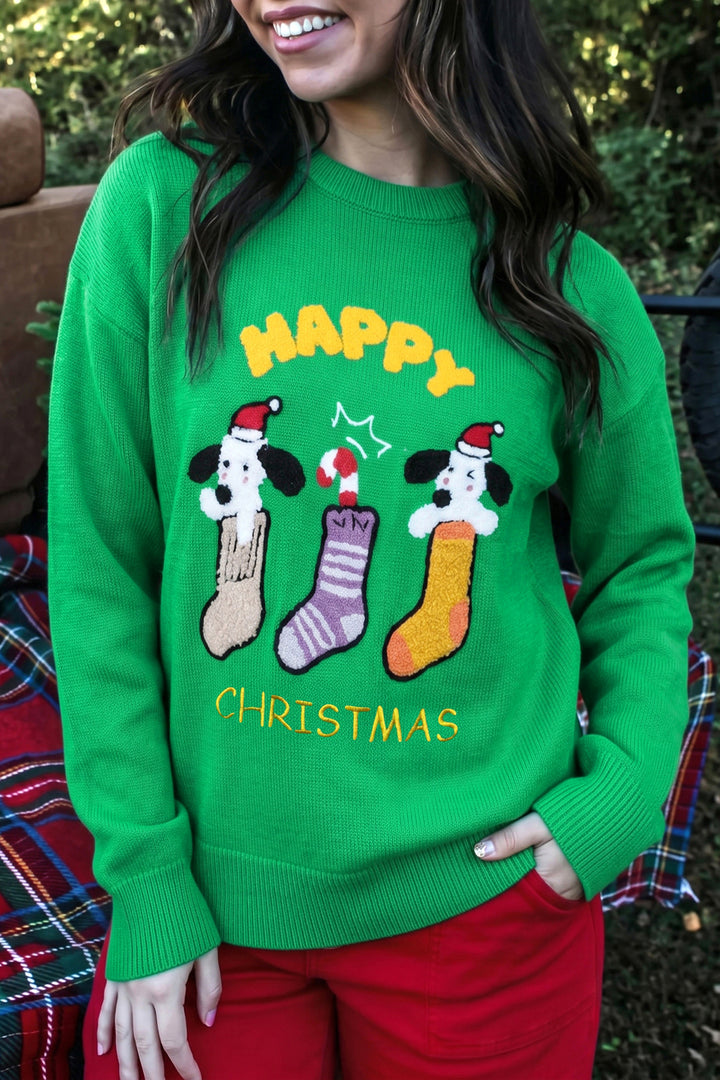 Dark Green Abstract Patch Embroidery Christmas Pullover Sweater