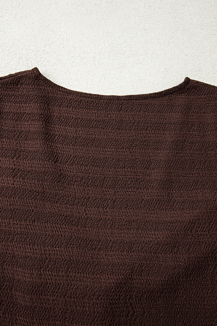 Coffee Textured Twist Front V Neck Long Sleeve Slim Solid Color Top