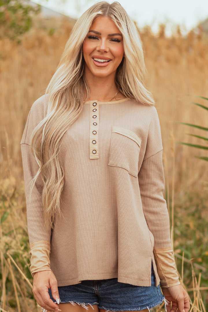 Khaki Color Block Waffle Textured Tunic Henley Cotton Top