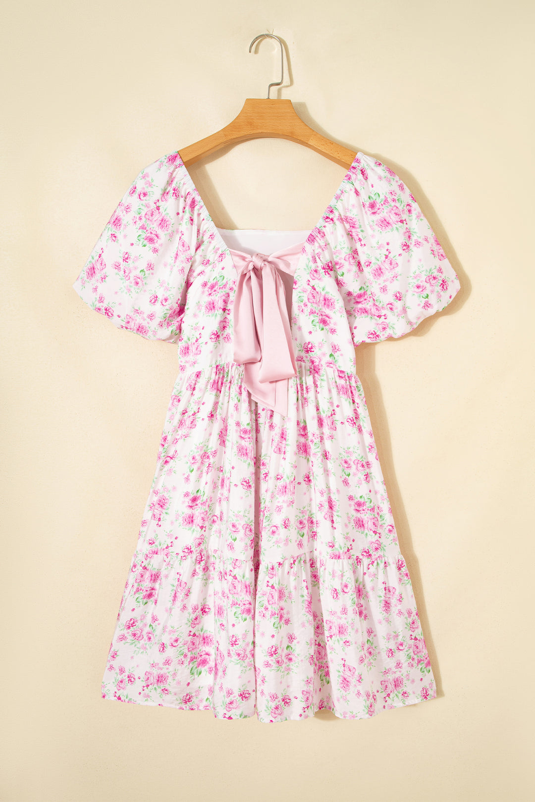 Cute Pink Floral Print Square Neck Ribbon Knot Back Cute Mini Dress