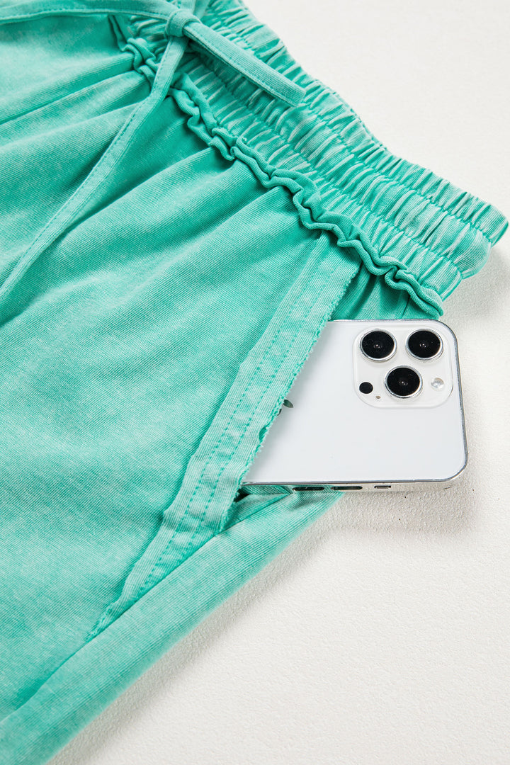 Sea Green Mineral Washed Drawstring Elastic Waist Raw Cut Shorts