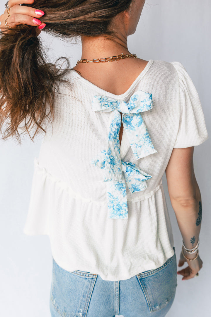 Textured Knit V Neck Short Bubble Sleeve Peplum Top