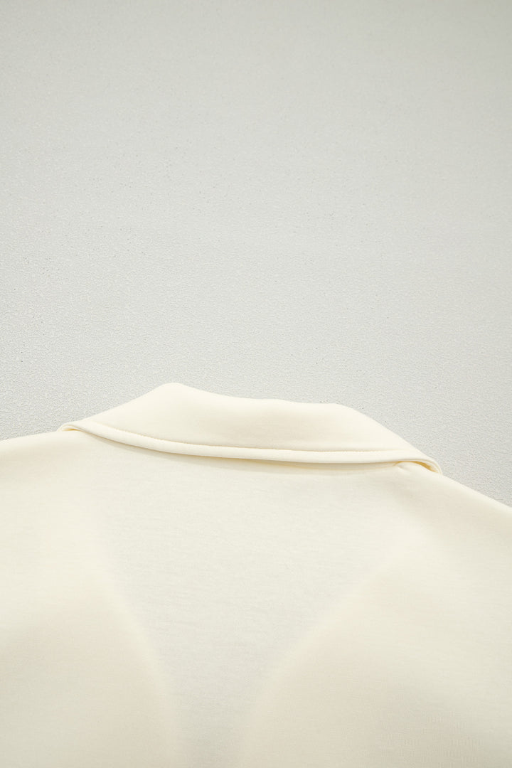 Beige Zipped up Collared Ruffled Short Sleeve Blouse