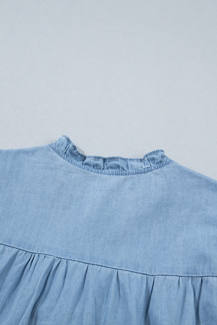 Beau Blue Western Ruffle V Neck Long Sleeve Chambray Blouse