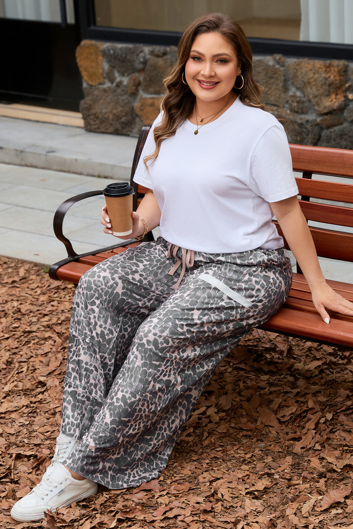 Khaki Plus Size Leopard Print Raw Edge Patch Pocket Drawstring Loose Pants