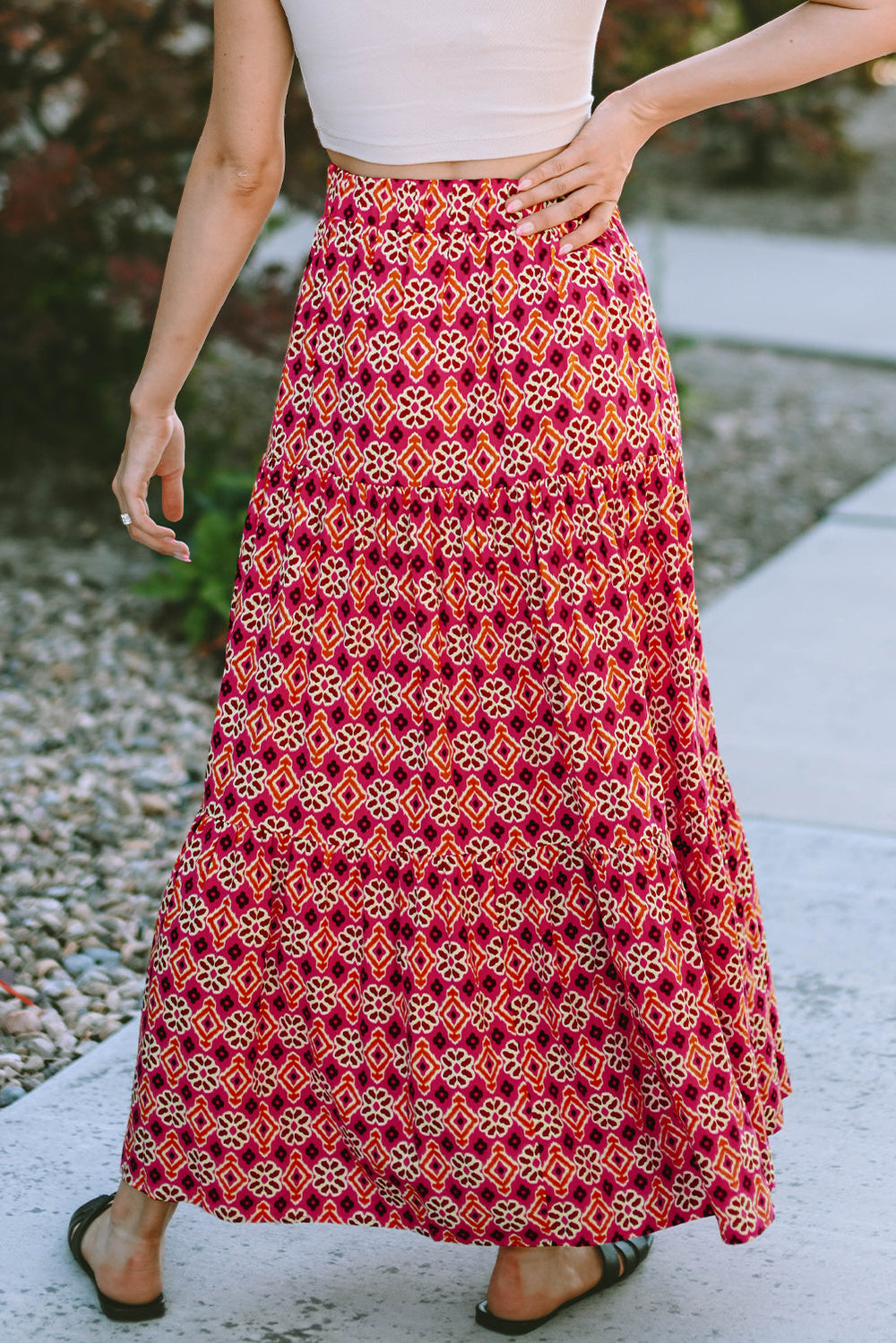 Vintage Boho Floral Print Tiered Maxi Skirt