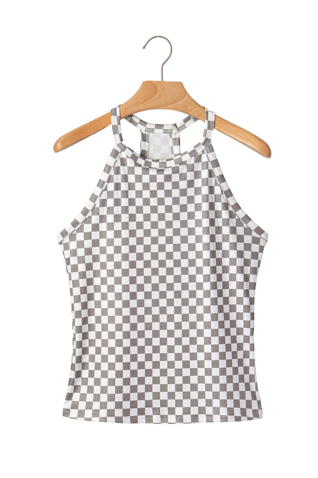 Gray Checkered Print Textured Halter Tank Top