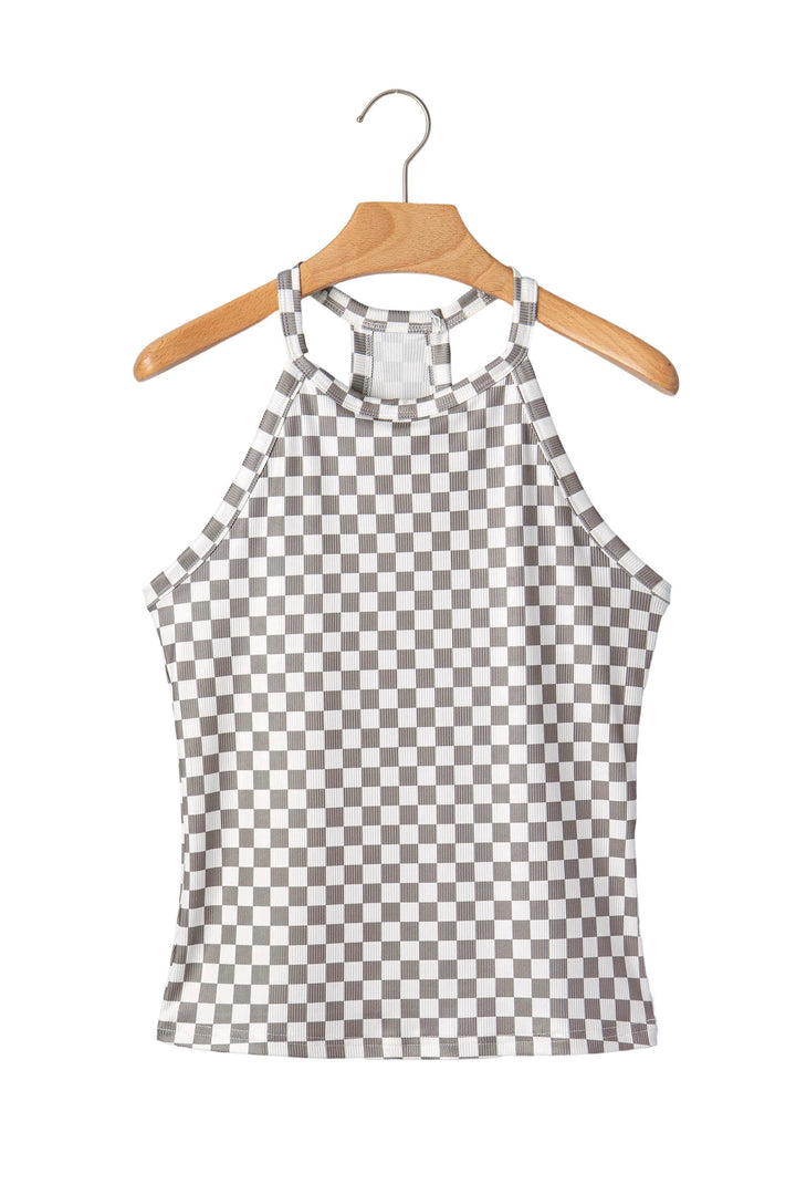 Gray Checkered Print Textured Halter Tank Top
