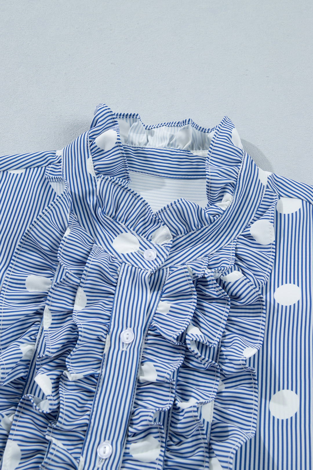 Sky Blue Stripe Contrast Polka Dot Print Pleated Ruffle Sleeve Shirt