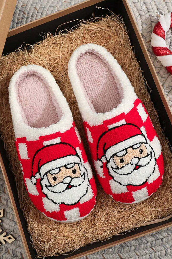 Plüsch-Hausschuhe mit kariertem Weihnachtsmann-Motiv