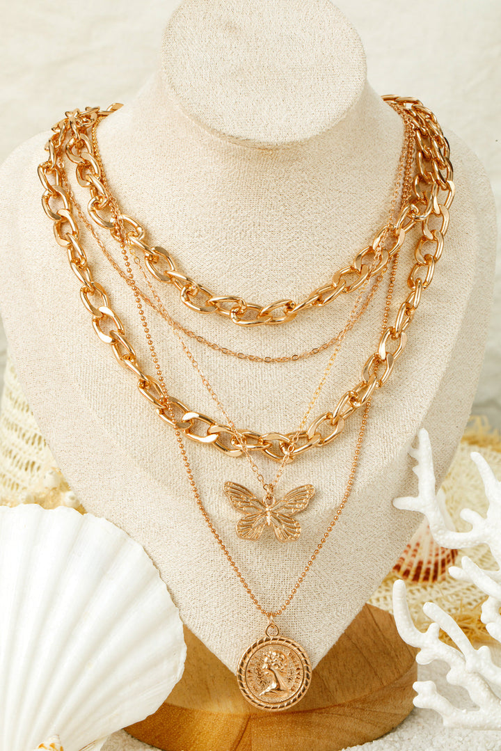 Plated Alloy Multilayer Butterfly Charm Necklace
