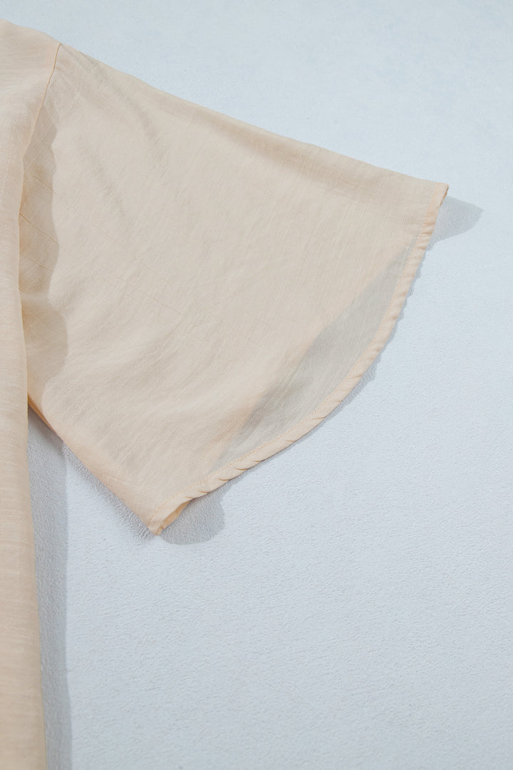 Oatmeal Sheer Lace Splicing Detail Bracelet Sleeve Loose Flowy Shirt