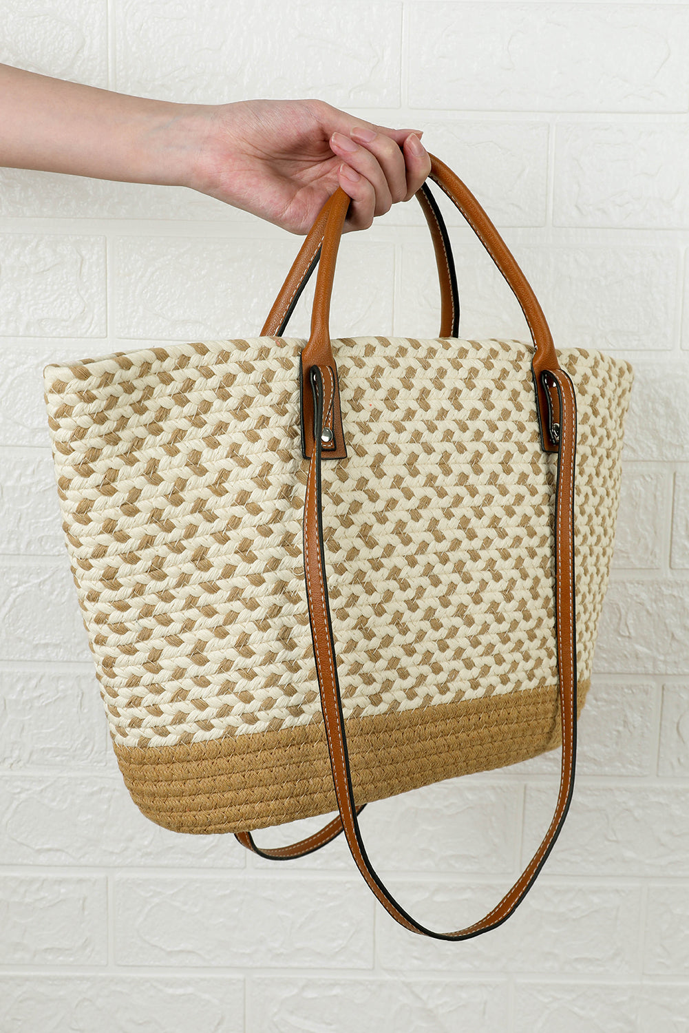 Contrast Woven Leather Handle Single Shoulder Bag