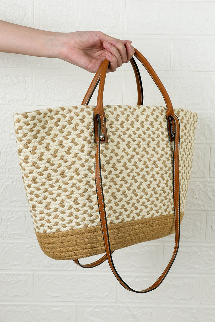 Contrast Woven Leather Handle Single Shoulder Bag