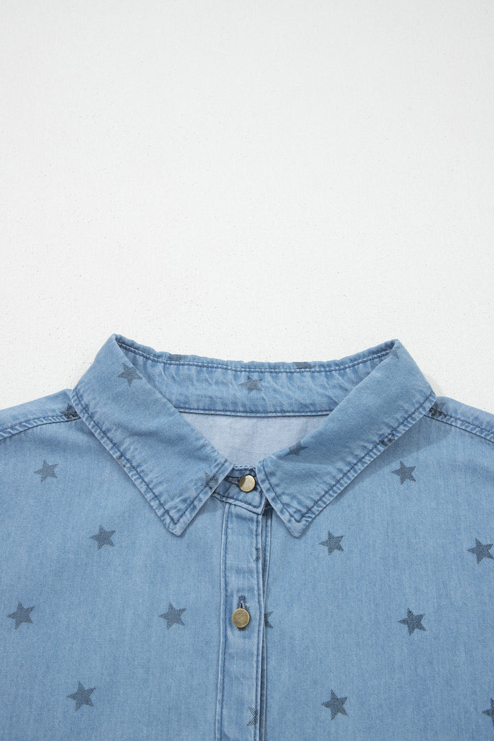 Star Allover Print Double Chest Pocket Short Sleeve Denim Shirt