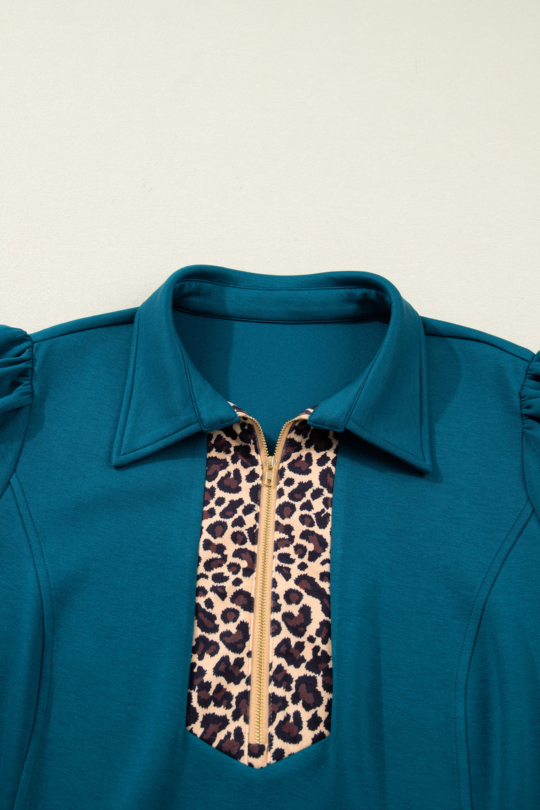 Sea Green Leopard Quarter Zip Collared Plus Size Mini Dress