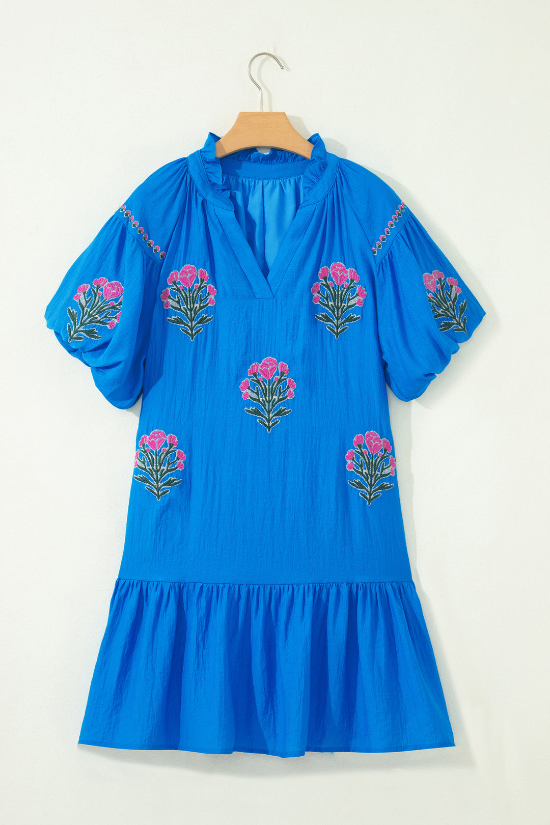 Blue Flower Embroidered Split Neck Short Sleeve Ruffle Hem Dress