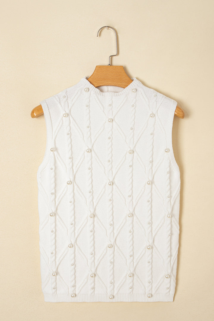 Pearled High Neck Textured Knit Sweater Vest