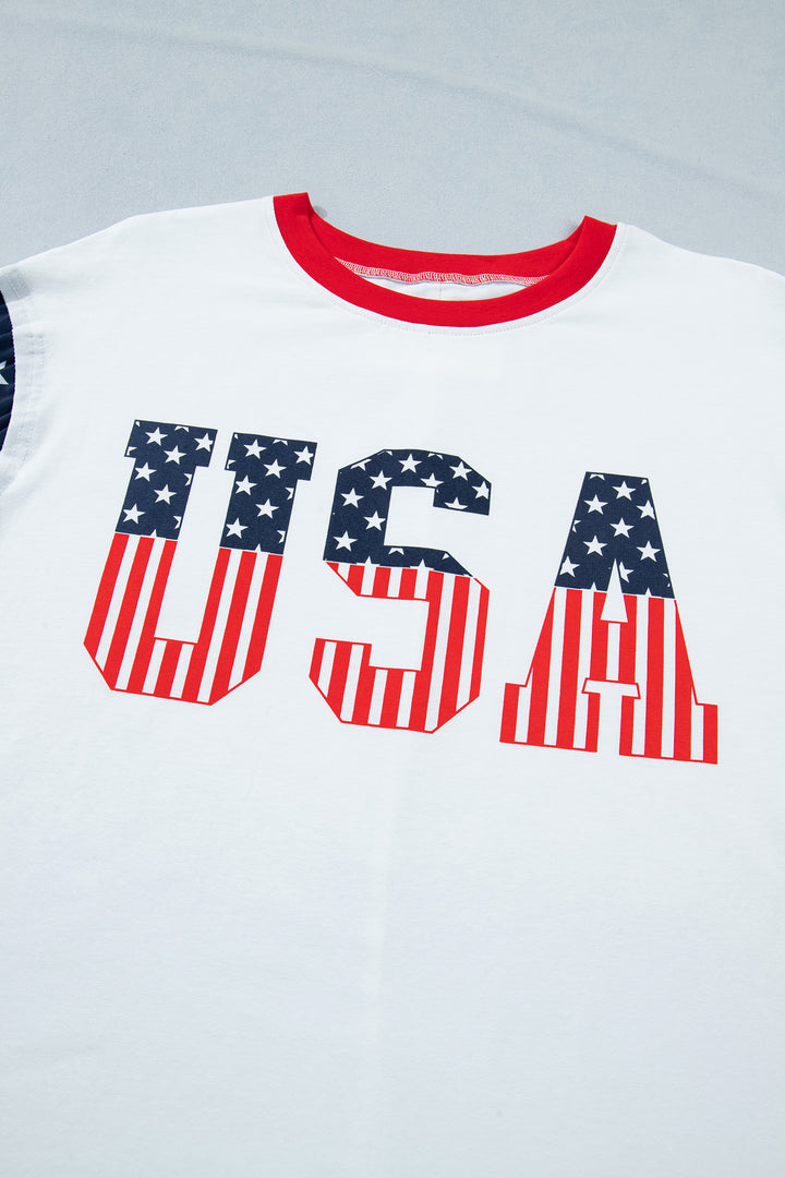 Jet Stream Flag Print USA Graphic Patchwork Casual Tee