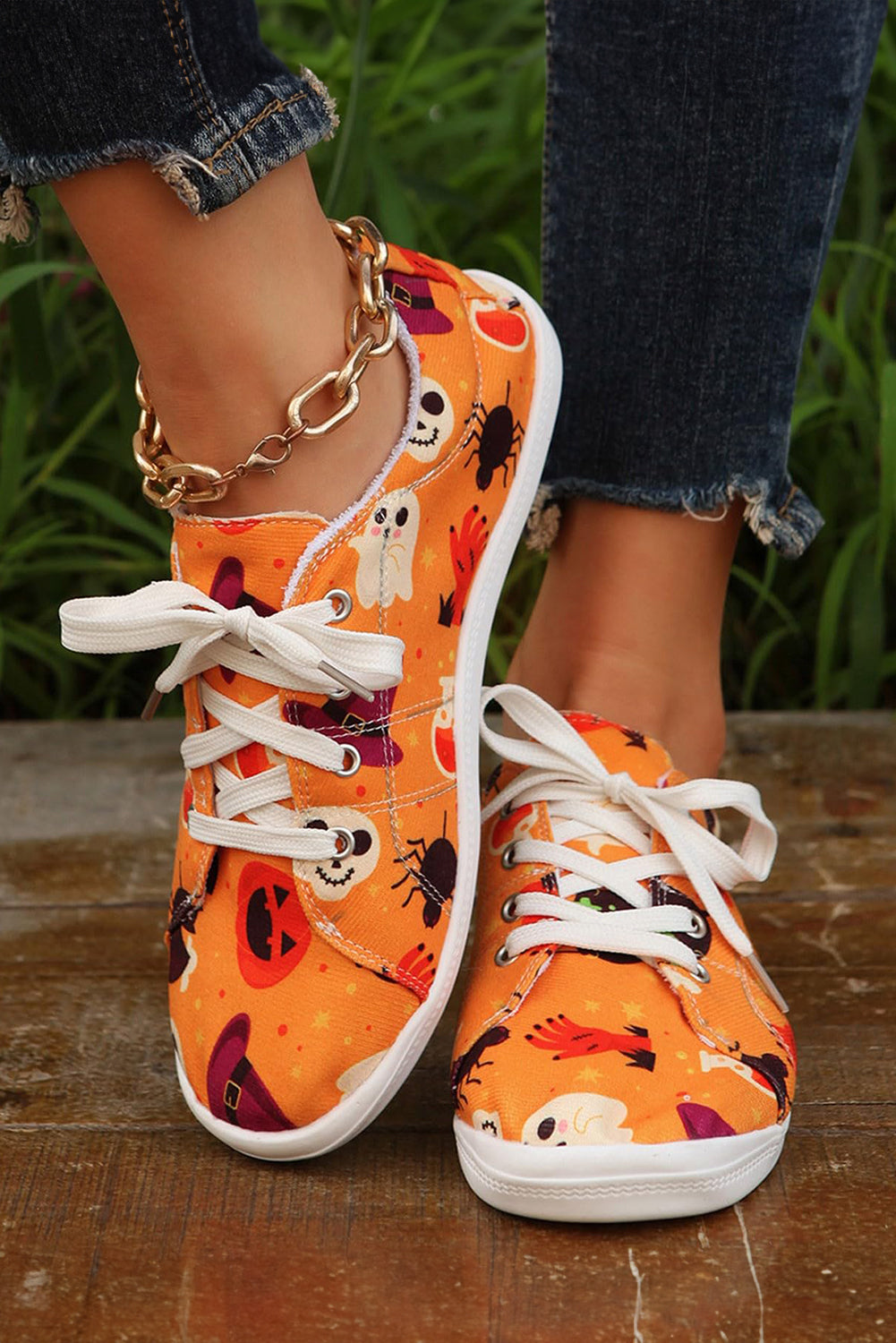 Halloween Pumpkin Ghost Print Lace-up Flat Shoes