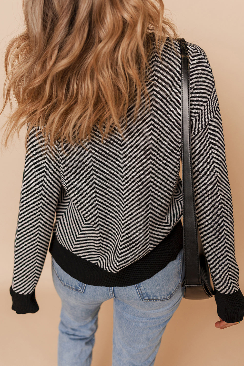 Buttoned Front V Neck Herringbone Cardigan