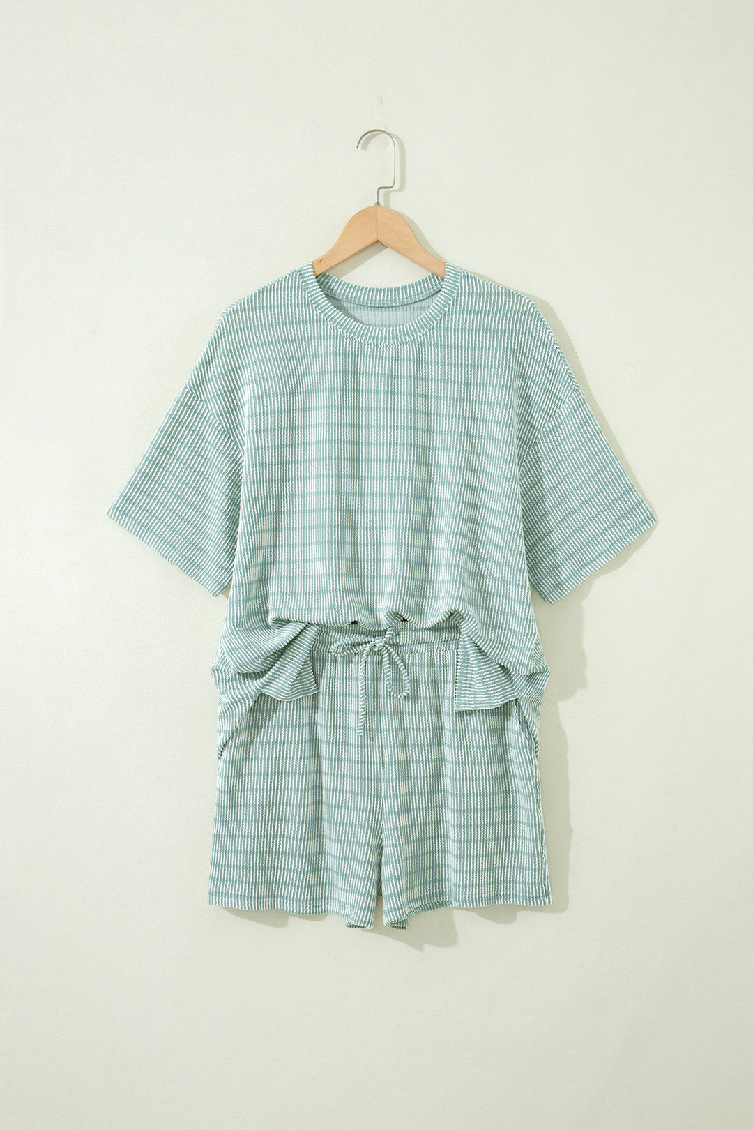Green Stripe Raised Rib Loose Tee Drawstring Elastic Waist 2pcs Short Set
