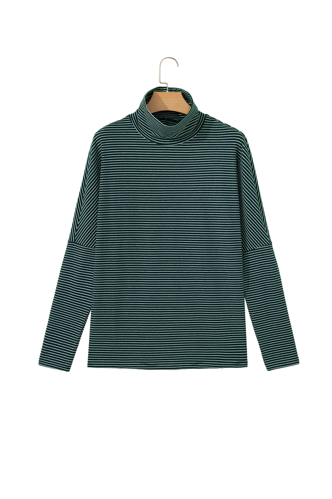 Green Stripe High Neck Dropped Shoulder Long Sleeve Casual Top