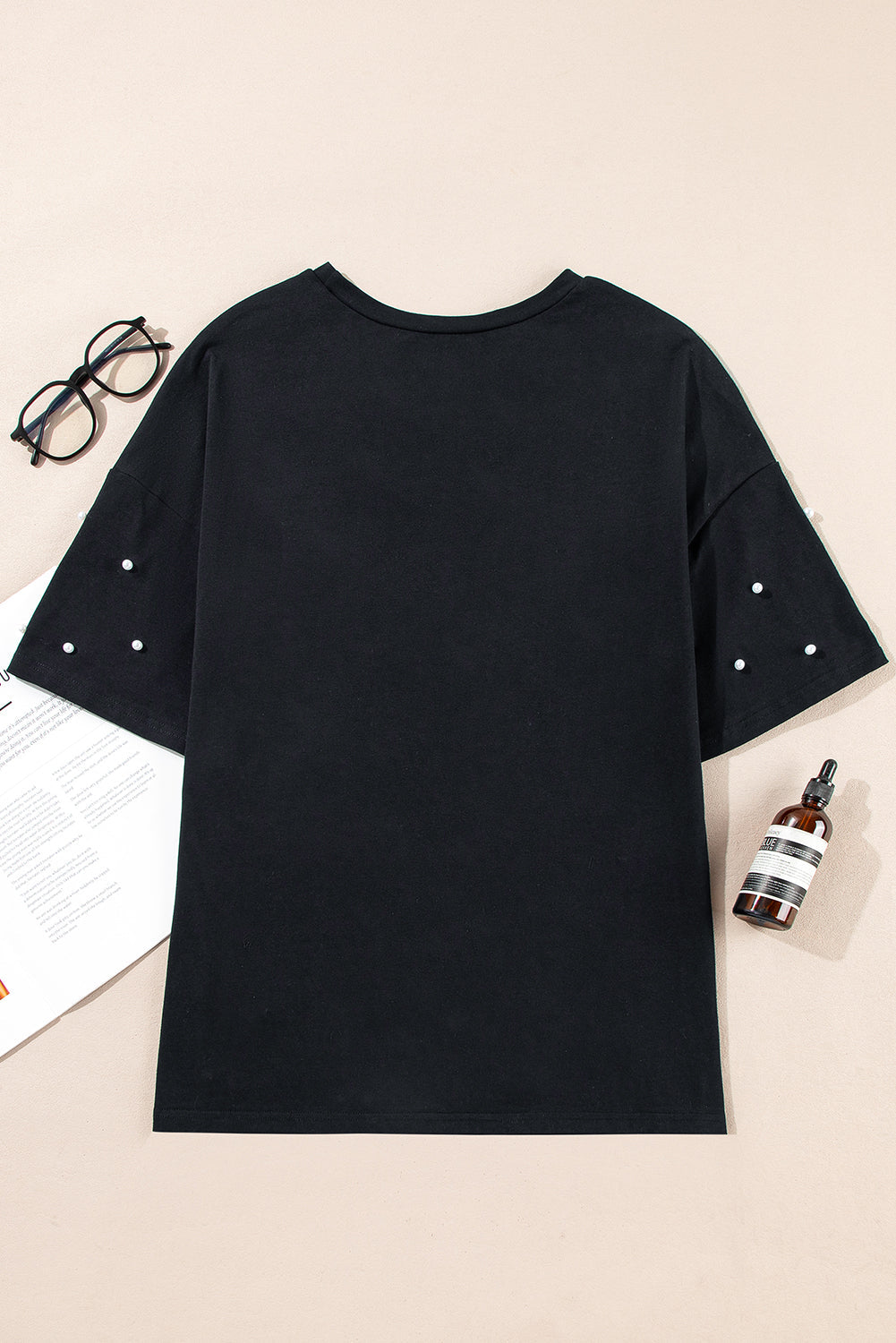 Pearl Beaded  Drop Shoulder Crewneck T Shirt