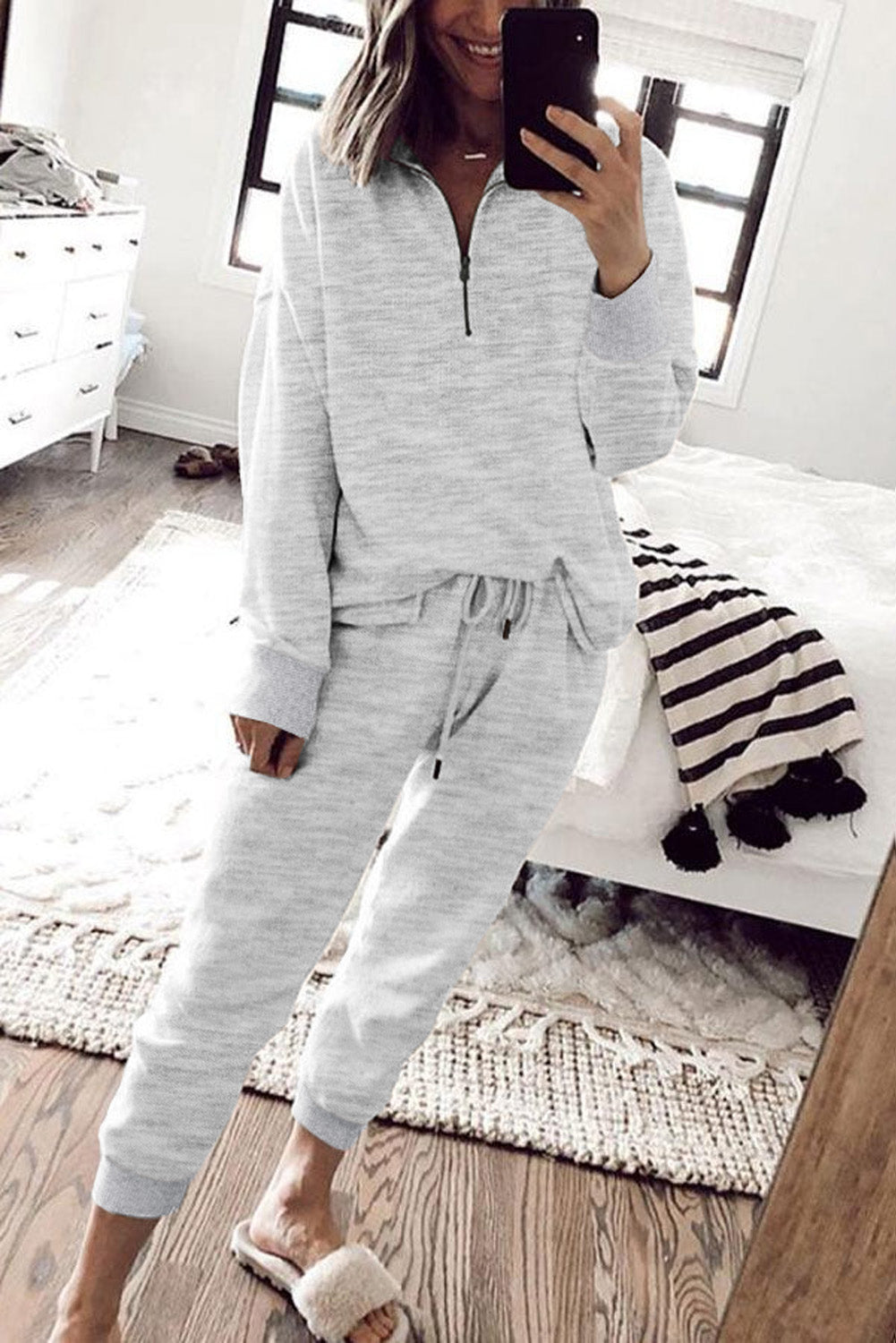 Solid Half Zipped Drawstring High Waist Lounge Set