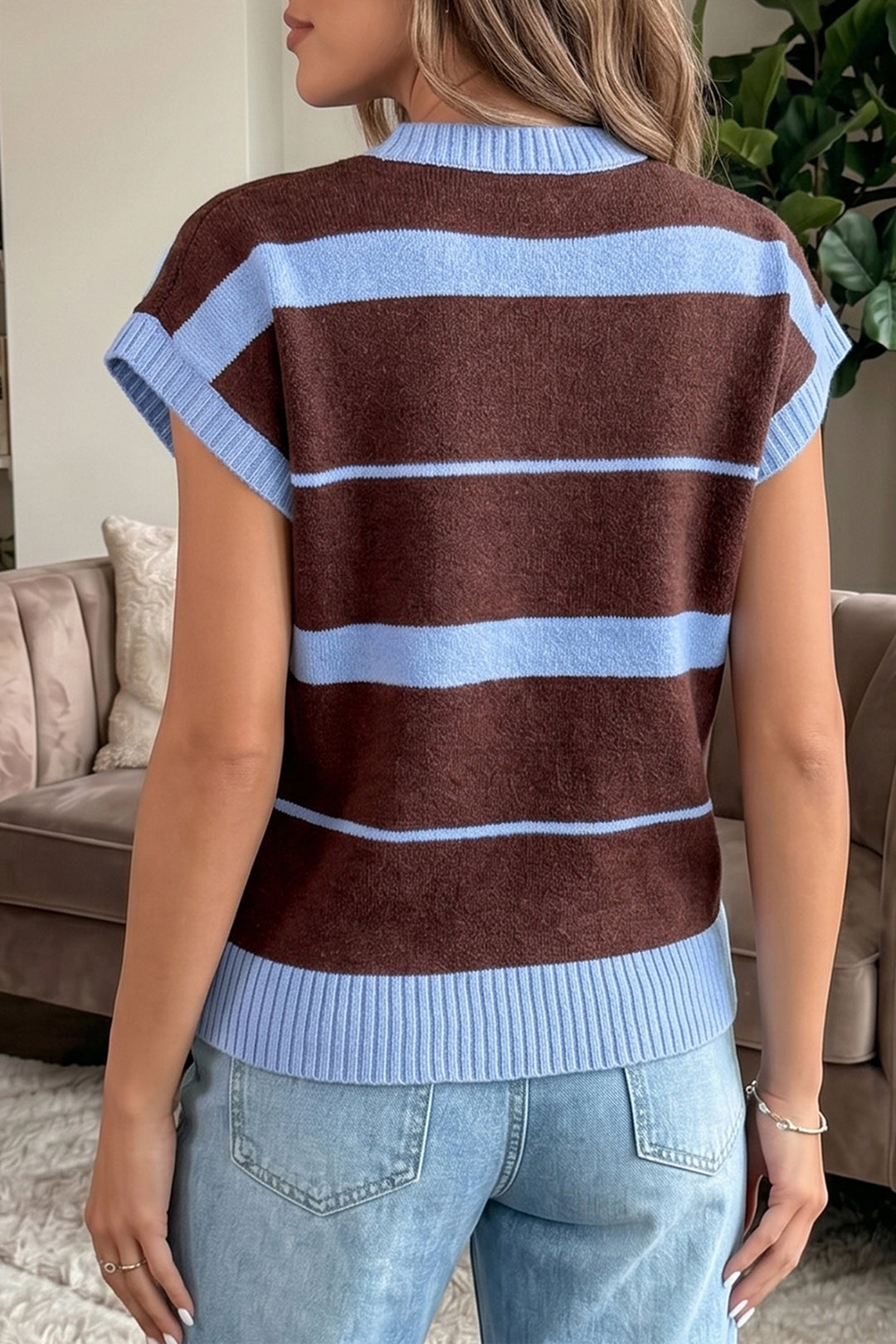 Sky Blue Stripe Striped Short Sleeve Round Neck Casual Knit Top