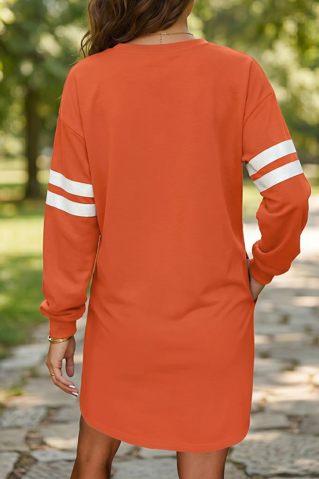 Orange Varsity Contrast Banded Sleeve Shift Sweatshirt Dress