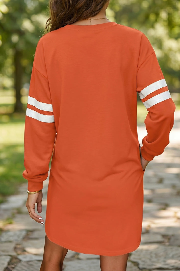 Orange Varsity Contrast Banded Sleeve Shift Sweatshirt Dress