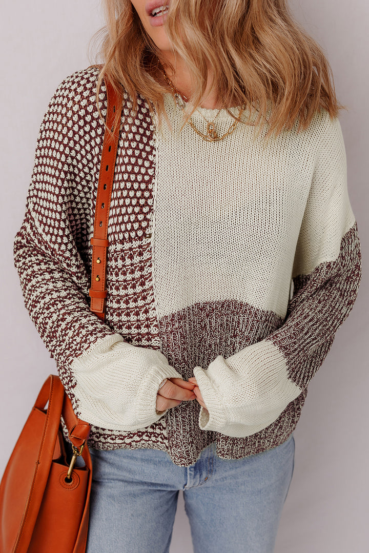 Color Block Back Tie Drop Shoulder Loose Sweater